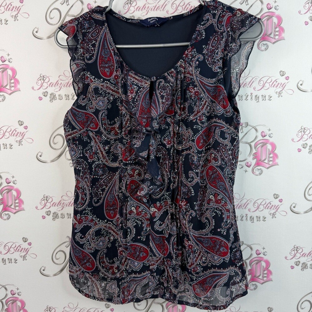 Reitmans tank top ruffle frilly paisley pattern Navy and Red Paisley Blouse
